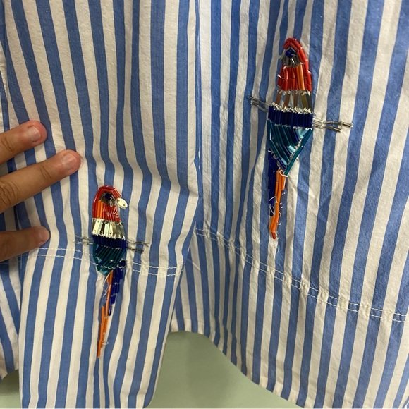 Anthropologie Maeve Tie Back A Line Maxi Dress Striped Blue Beaded Birds 22W - Picture 10 of 16